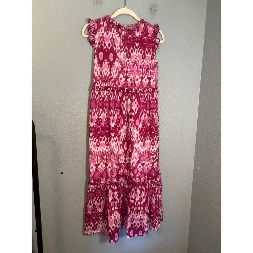 Ros's Garden Pink Ikat Cotton Ruffle Maxi Dress Sleeveless V-Neck XS Boho Tiered - Picture 6 of 9